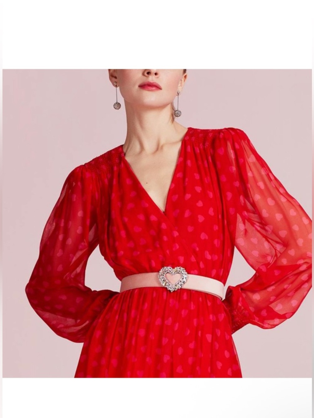 kate spade Red Long-Sleeve Heartbeat Silk  Midi Dress - Picture 3 of 16